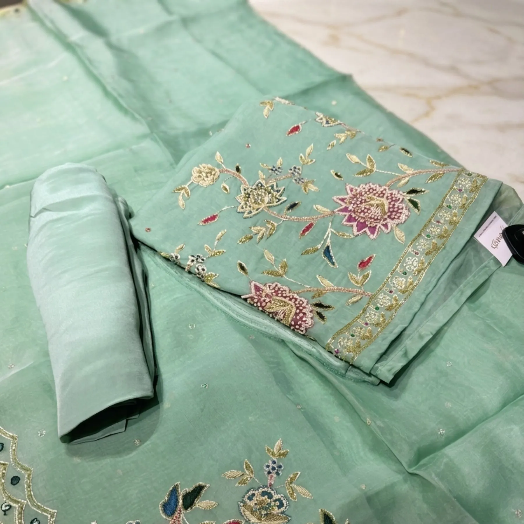 Kharatis Organza Suit Pearl and Dabka Work