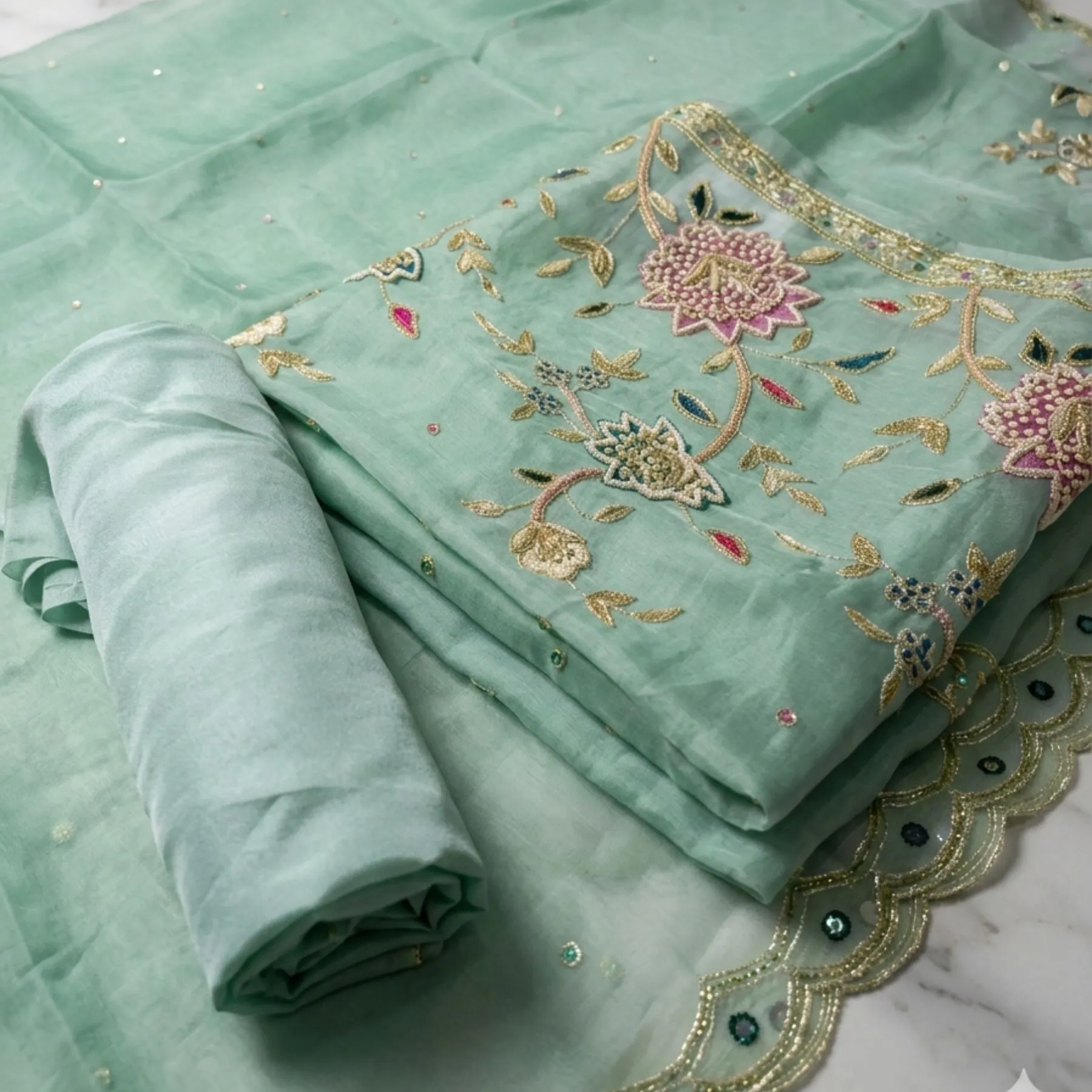 Kharatis Organza Suit Pearl and Dabka Work