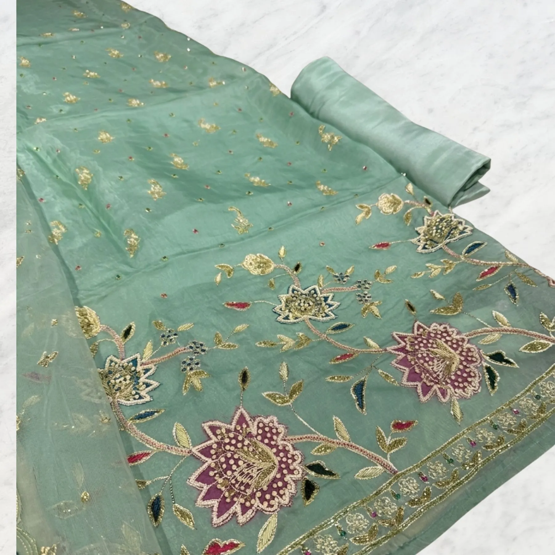 Kharatis Organza Suit Pearl and Dabka Work