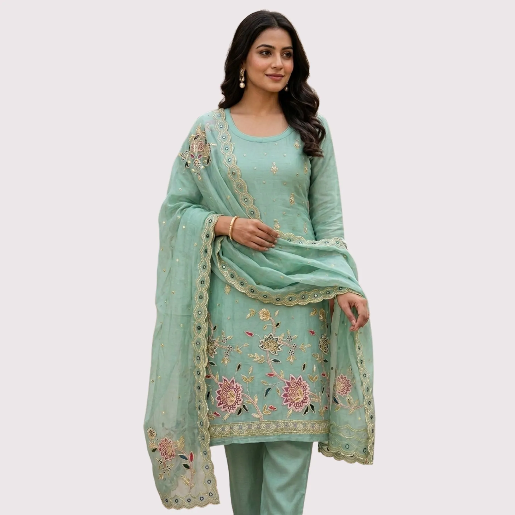 Kharatis Organza Suit Pearl and Dabka Work