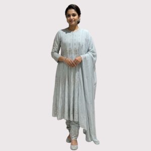 Sky Blue Organza Anarkali Suit by Kharatis