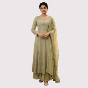 Green organza Anarkali Suit by Kharatis