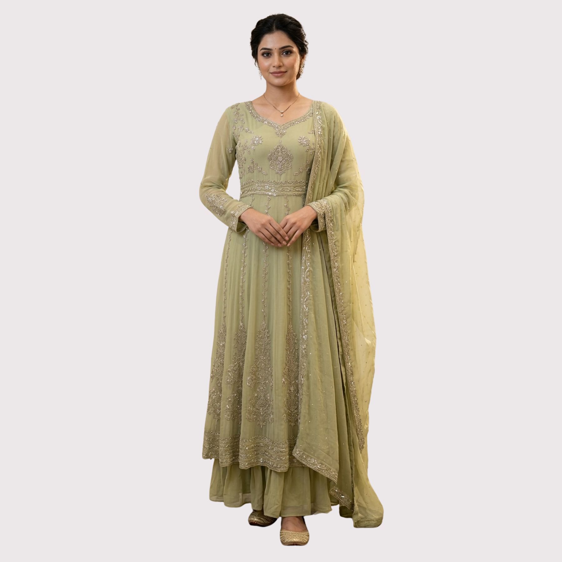 Green organza Anarkali Suit by Kharatis