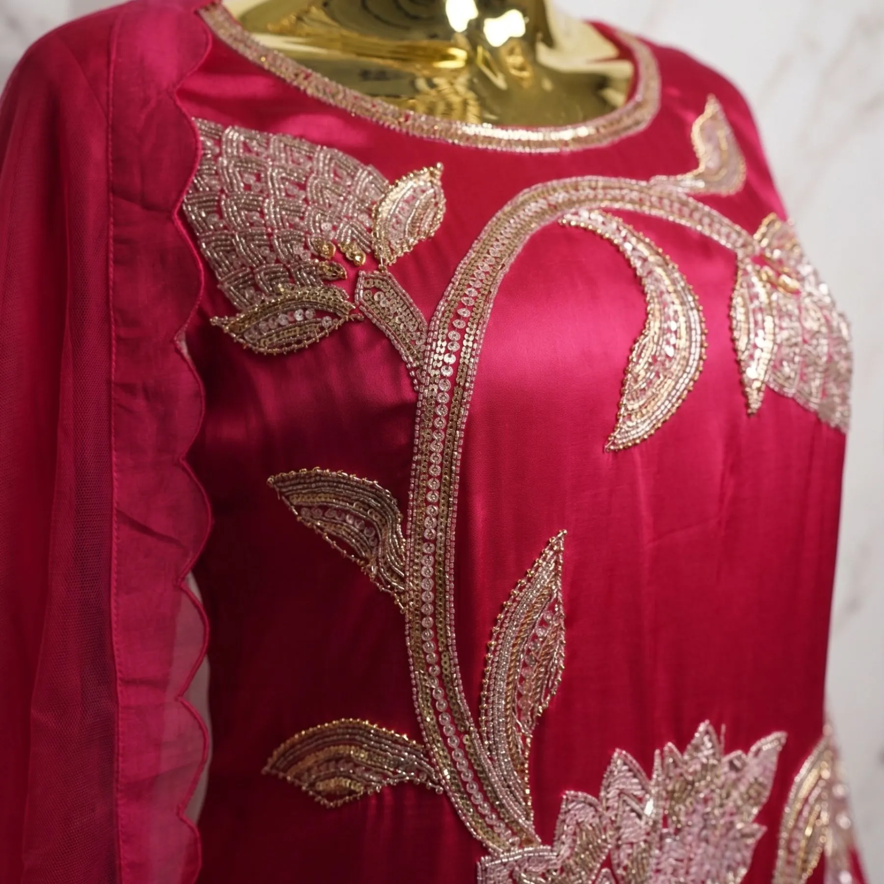 Kharatis Magenta Pink Embroidered Suit Set with Silver Floral Work