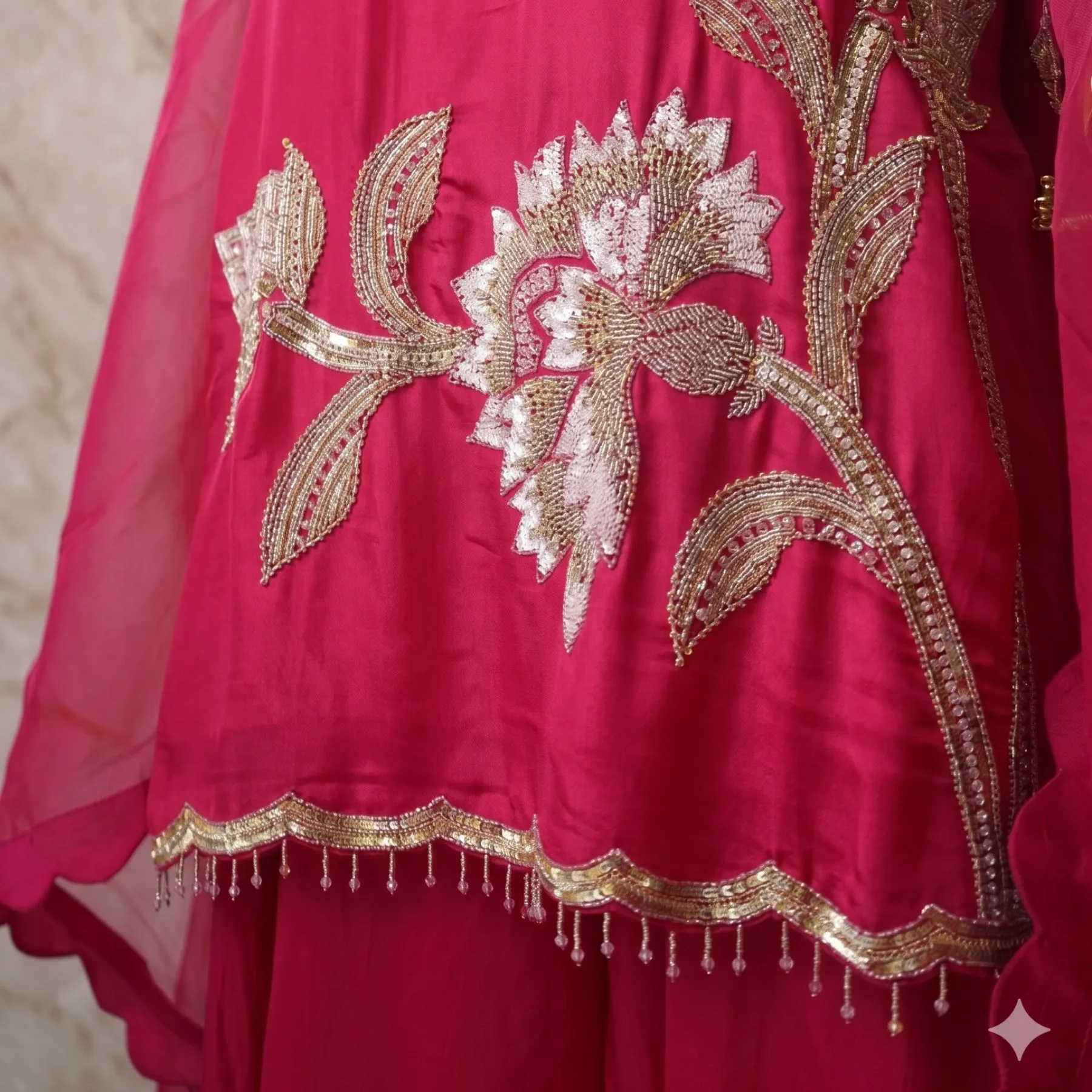 Kharatis Magenta Pink Embroidered Suit Set with Silver Floral Work