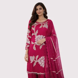 Kharatis Magenta Pink Embroidered Suit Set with Silver Floral Work