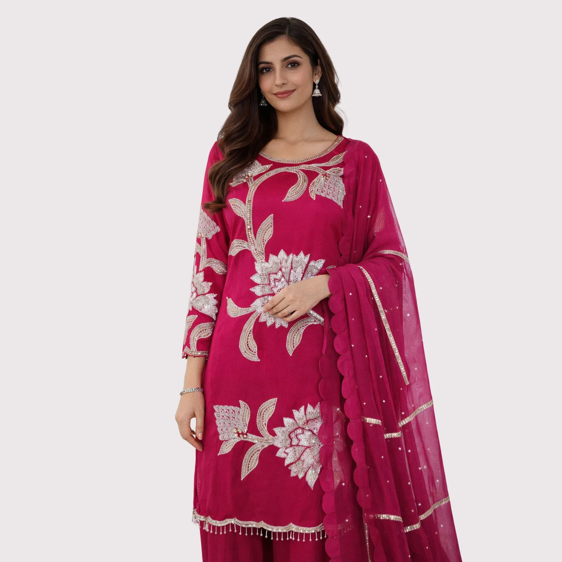 Kharatis Magenta Pink Embroidered Suit Set with Silver Floral Work