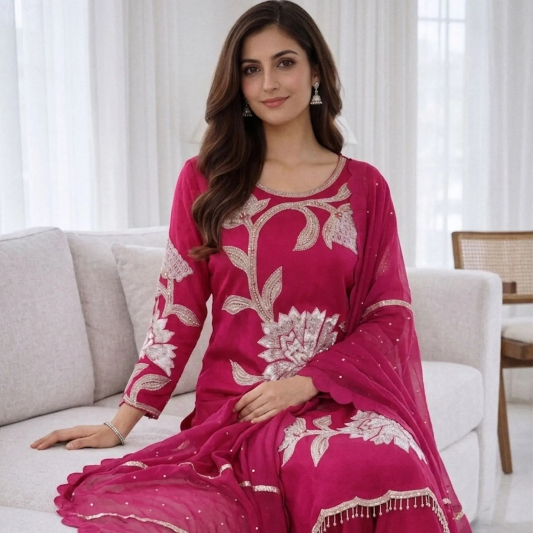 Kharatis Magenta Pink Embroidered Suit Set with Silver Floral Work - Image 2
