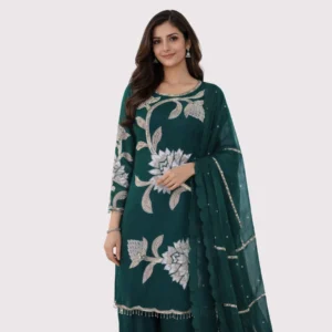 Kharatis Dark Green Embroidered Suit Set with Silver Floral Work
