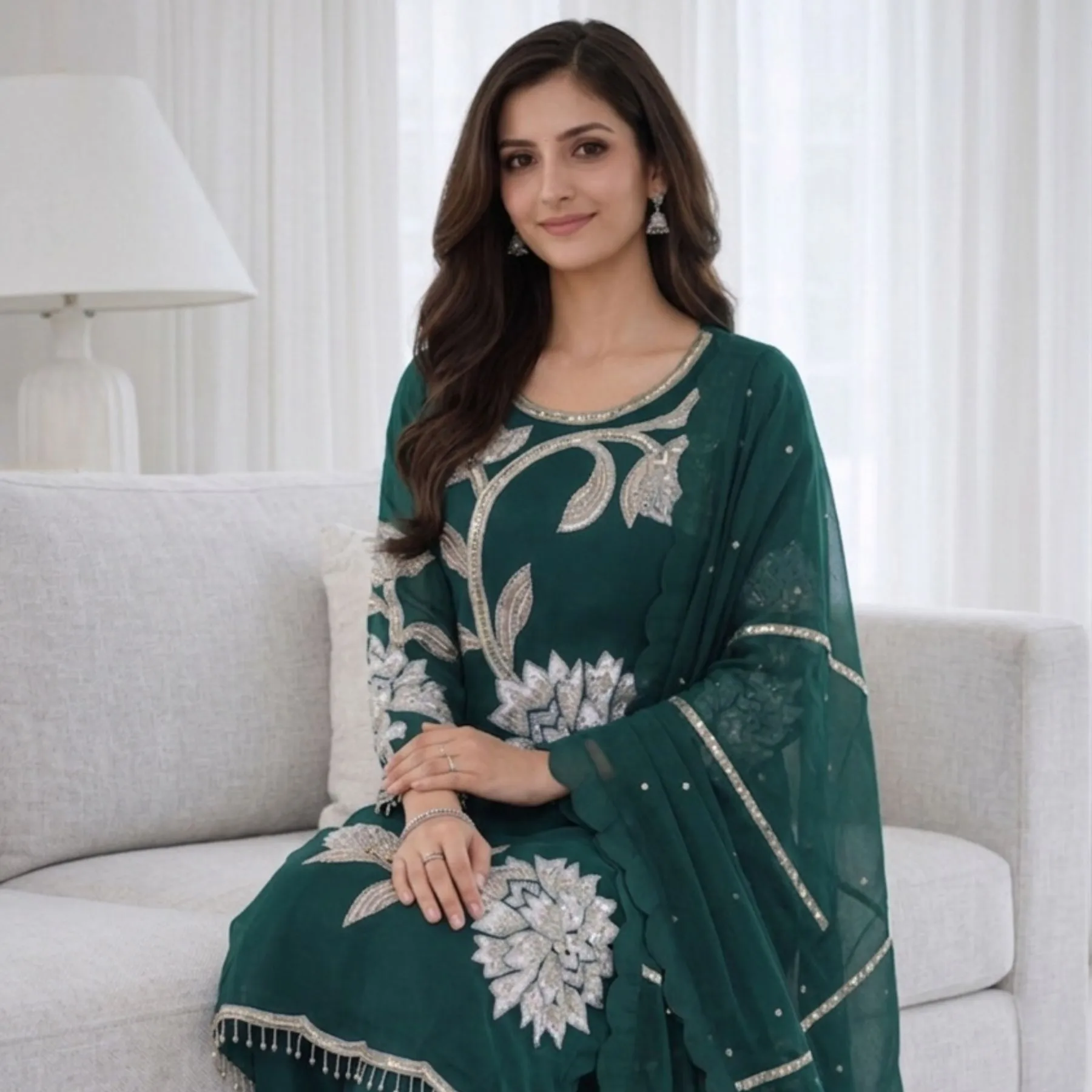 Kharatis Dark Green Embroidered Suit Set with Silver Floral Work - Image 2