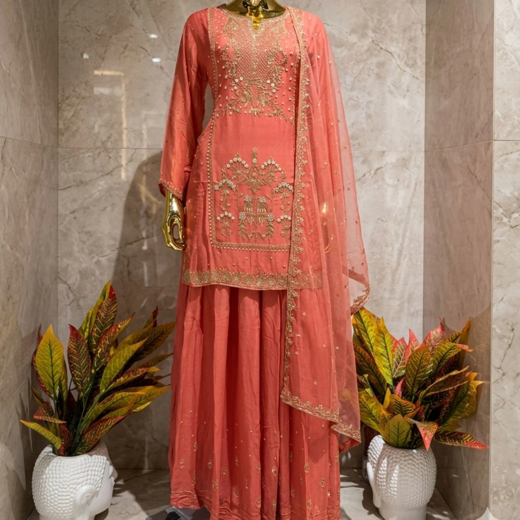 Kharatis coral peach georgette kurti with skirt set featuring pearl and resham embroidery for women