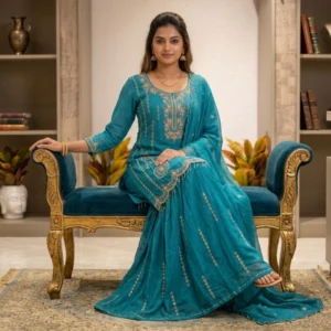 Teal Blue Kurti Palazzo Set with Zari Work | Kharatis Festive Wear