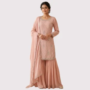 Peach chinnon suit with front panel diamond work for women