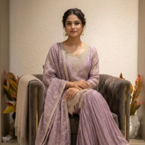 Purple organza shimmer garara suit with zari embroidery for women