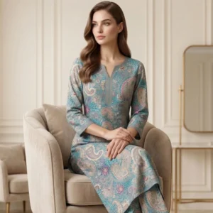 italian fine cotton aqua paisley printed suit fabric