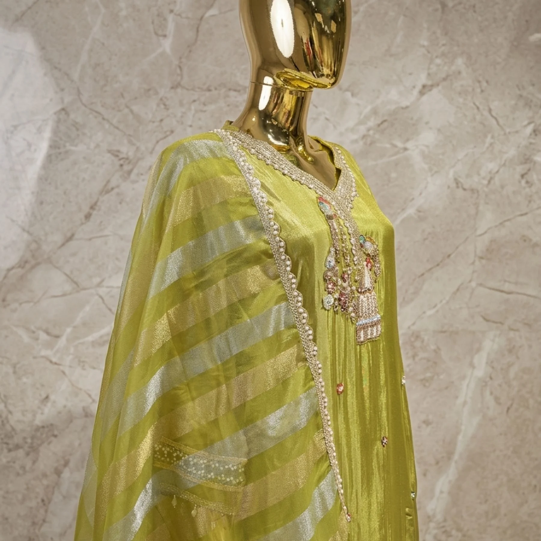 Lime green shimmer suit with pearl work and dola dupatta for women