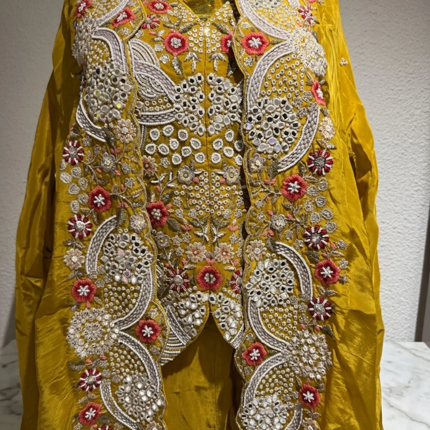 Mustard yellow designer sharara suit with heavy pearl and multicolour embroidery for women