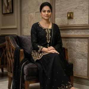 Kharatis black georgette kurti skirt set with heavy gold zari floral embroidery for women