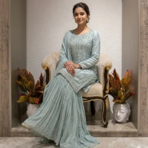 Soft blue chinnon garara suit with antique embroidery for women