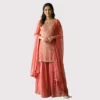 Kharatis coral peach georgette kurti with skirt set featuring pearl and resham embroidery for women