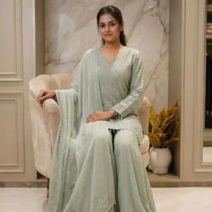 Kharatis light green crepe short kurti A-line sharara set with diamond cut silver work for women