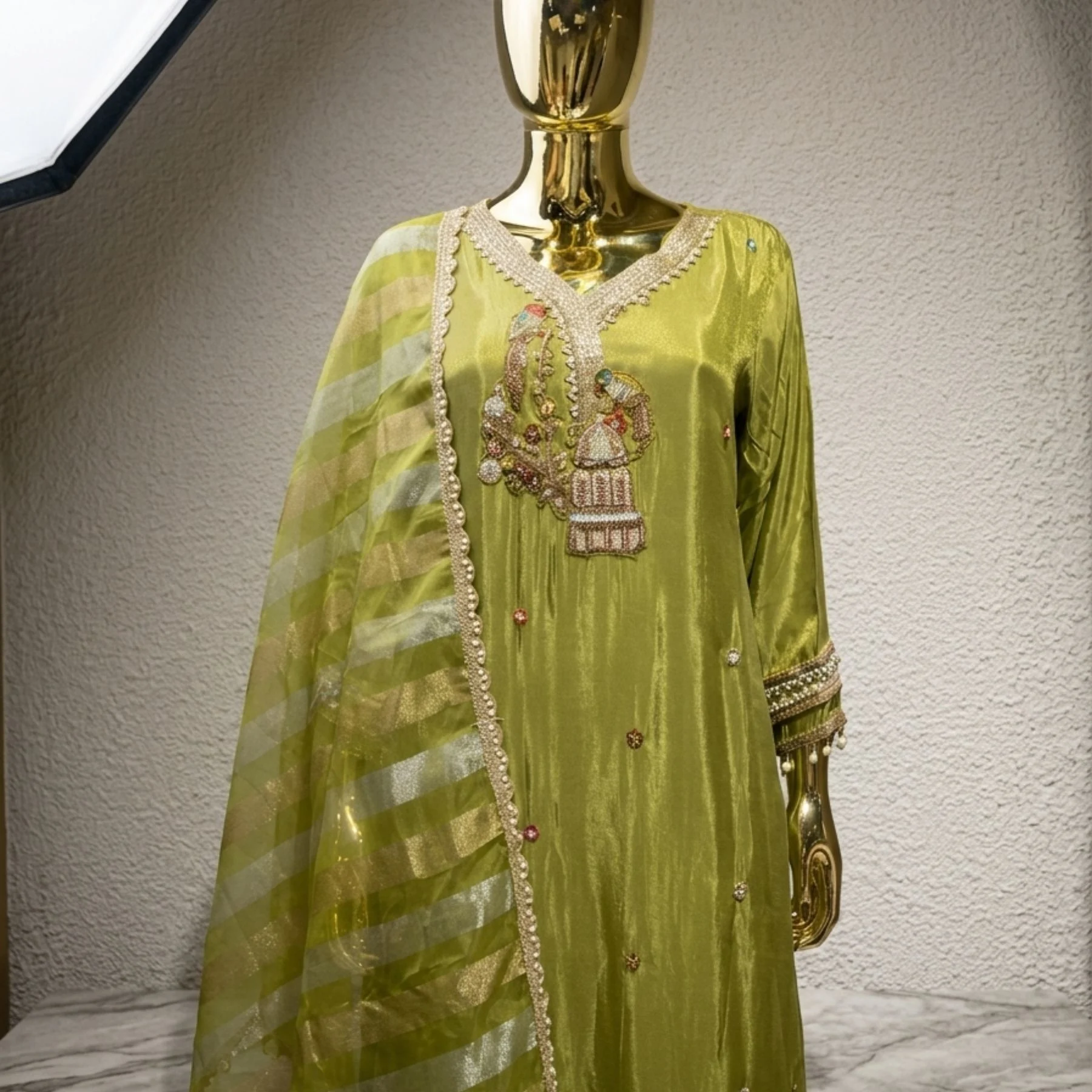 Lime green shimmer suit with pearl work and dola dupatta for women