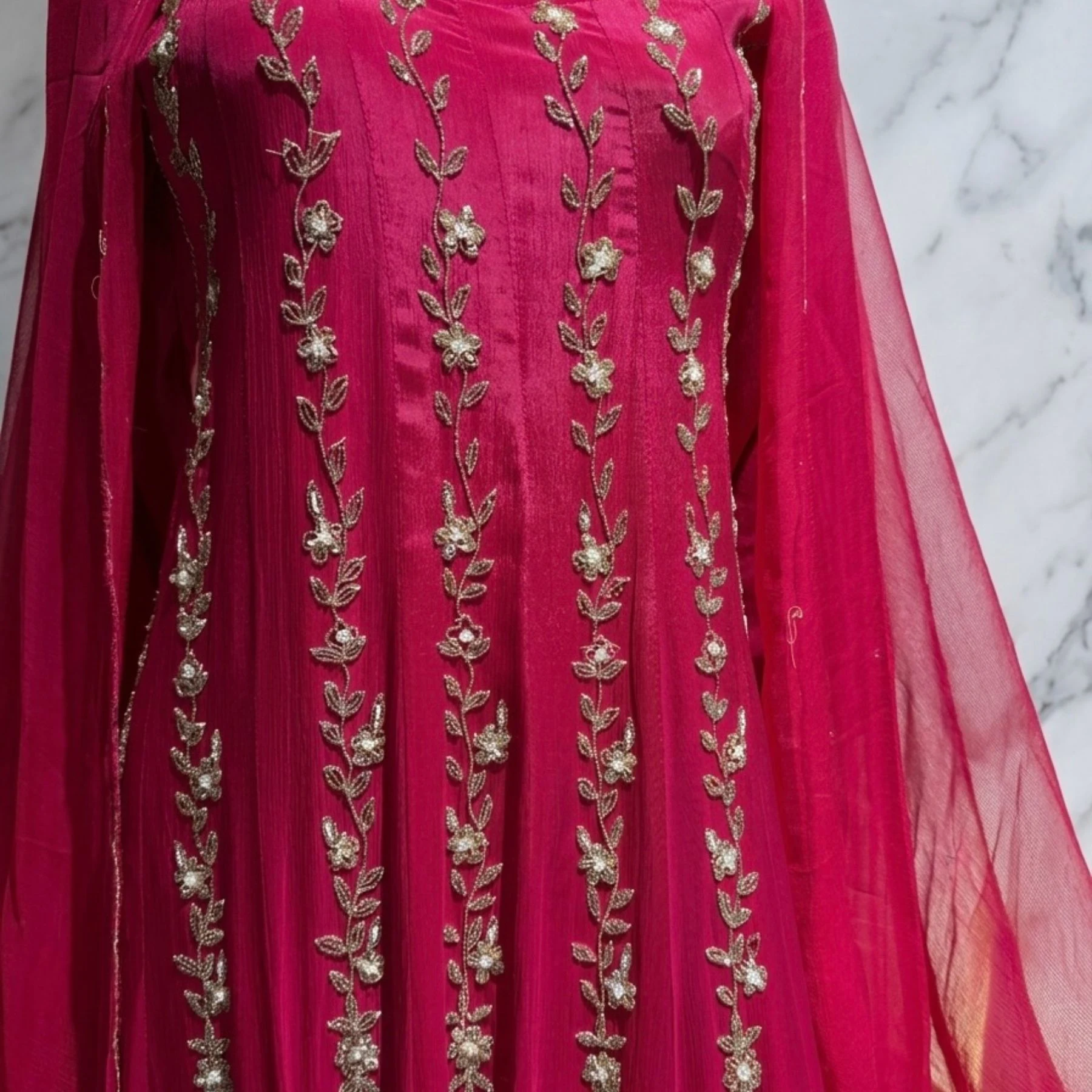 Kharatis rani pink georgette kurti with skirt set featuring pearl and resham embroidery for women