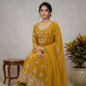 Mustard yellow Anarkali suit with tilla pearl embroidery for women