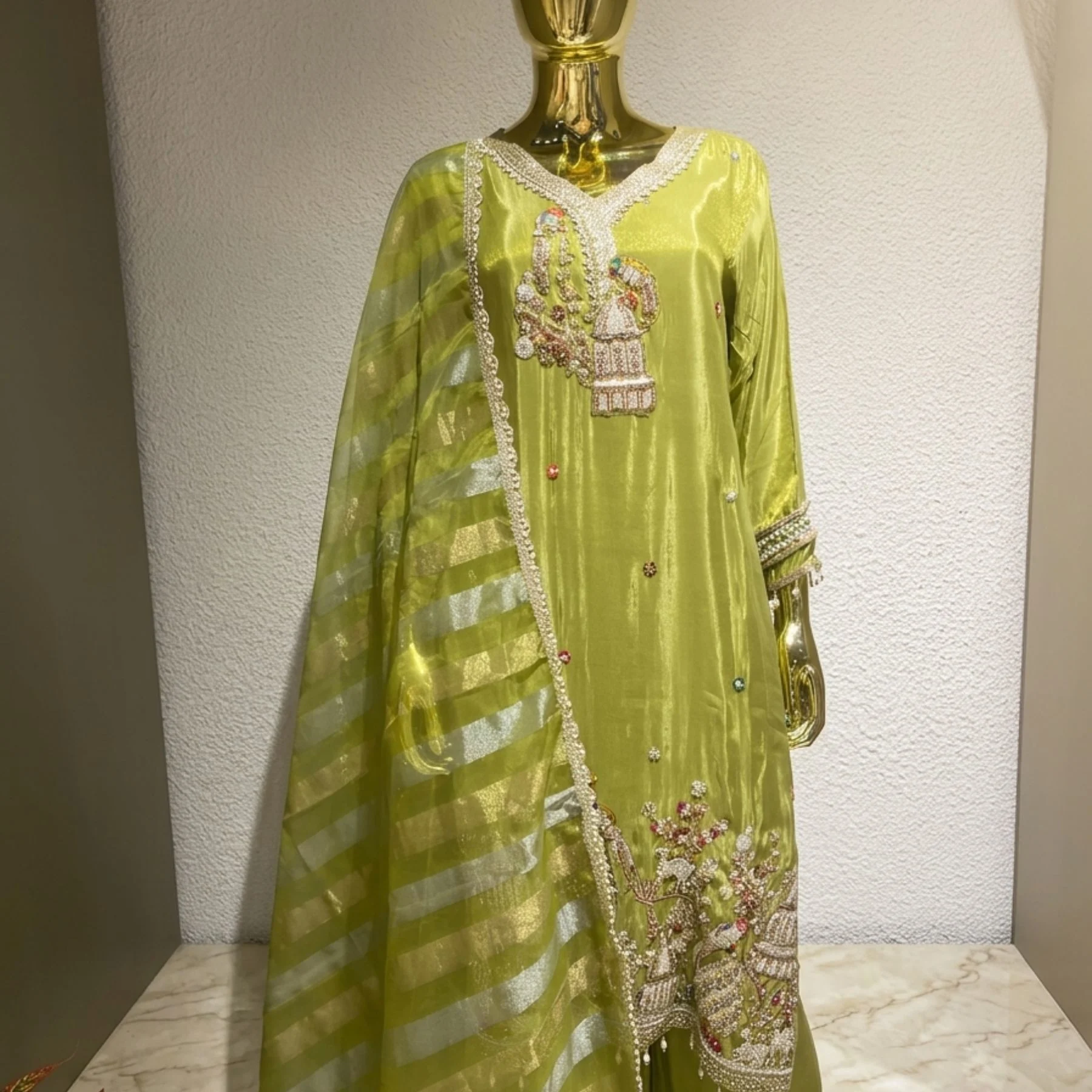 Lime green shimmer suit with pearl work and dola dupatta for women