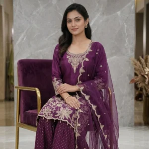 Wine purple chinnon sharara suit with pearl embroidery and cutwork dupatta for women