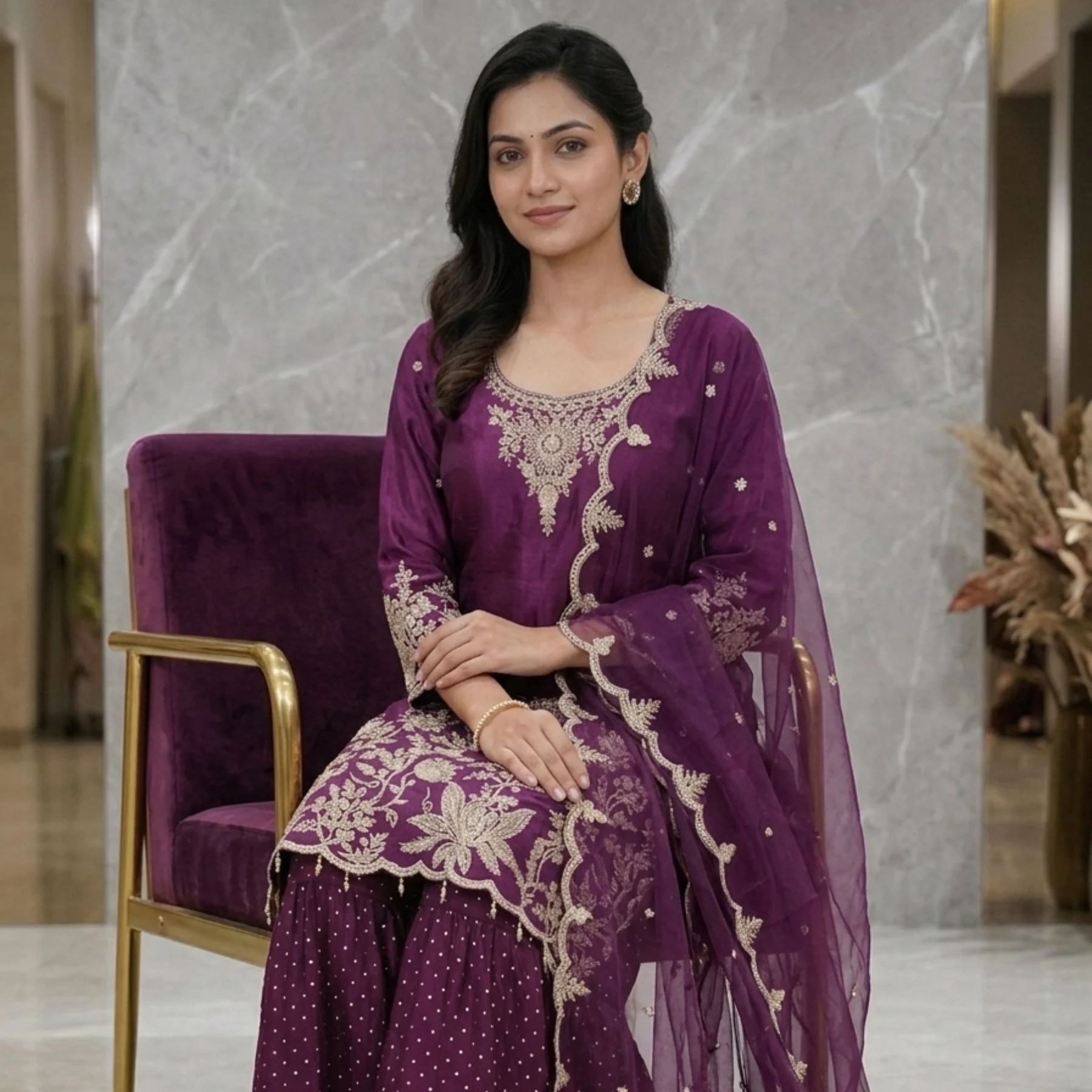 Wine purple chinnon sharara suit with pearl embroidery and cutwork dupatta for women