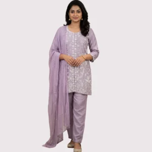 Lavender georgette partywear co-ord set with diamond work for women