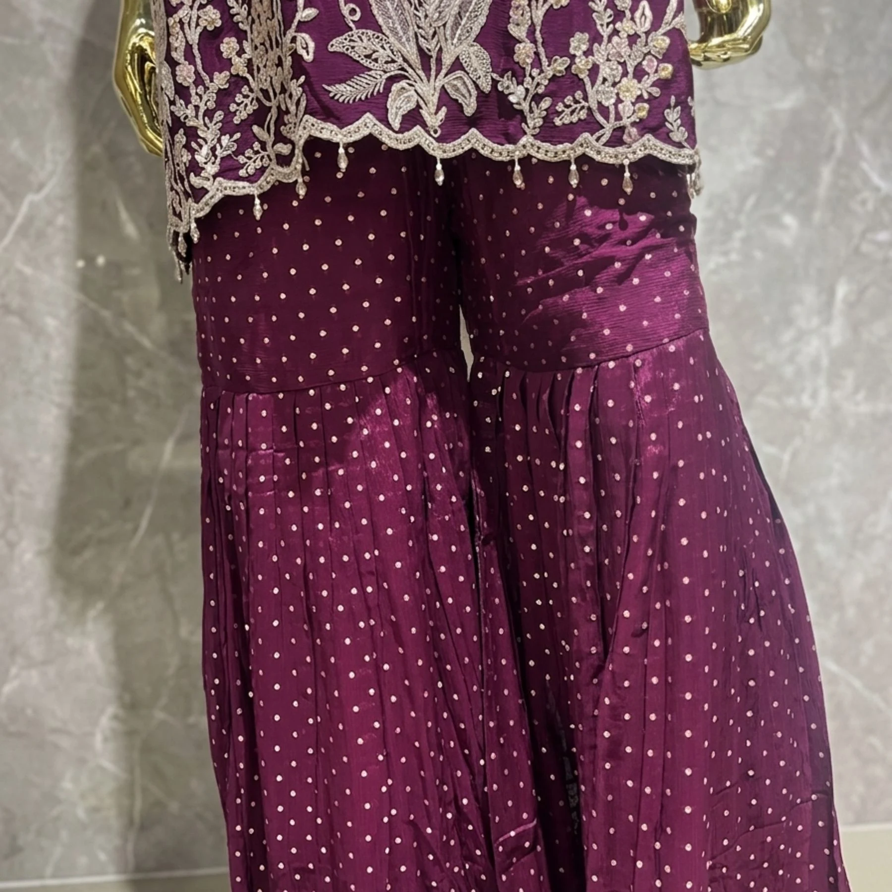 Wine purple chinnon sharara suit with pearl embroidery and cutwork dupatta for women
