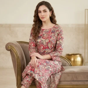 Kharatis red paisley matty cotton straight suit set for women