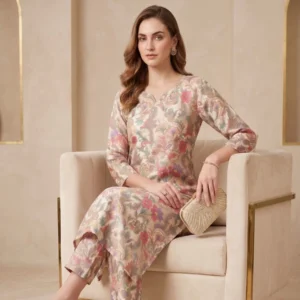 Beige floral printed linen cotton Tista suit set for women