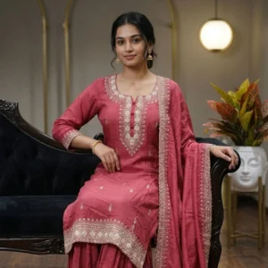 Coral pink chinnon suit with hand sippy and cut pipe embroidery for women