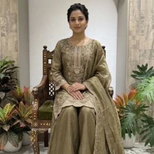 Golden shimmer tissue suit with multicolour thread embroidery for women
