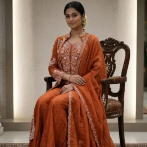 Orange organza suit with resham thread embroidery and white beads work for women