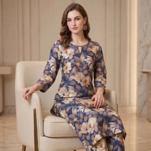 Blue floral printed cotton kazo straight suit set for women