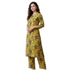 Kharatis yellow blue floral viscose georgette straight suit set for women