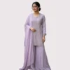 Kharatis lavender crepe short kurti A-line sharara set with diamond cut silver work for women