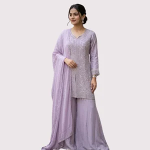 Kharatis lavender crepe short kurti A-line sharara set with diamond cut silver work for women