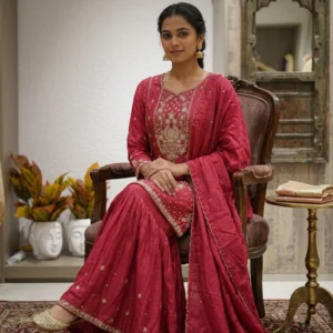 Coral pink garara suit with pearl and stone work for women