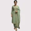 Kharatis sage green georgette kurti with skirt set featuring pearl and resham embroidery for women