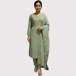 Kharatis sage green georgette kurti with skirt set featuring pearl and resham embroidery for women