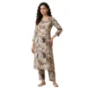 Kharatis beige floral cambric slub cotton straight suit set for women