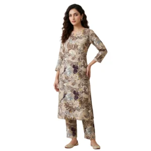 Kharatis beige floral cambric slub cotton straight suit set for women