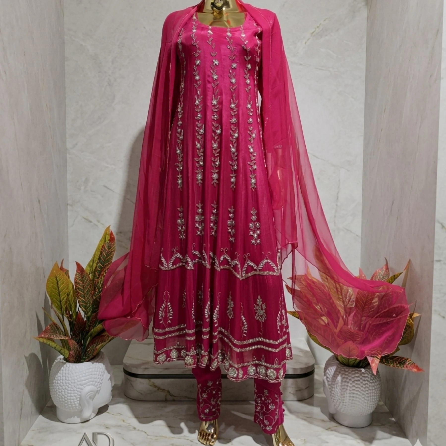 Kharatis rani pink georgette kurti with skirt set featuring pearl and resham embroidery for women