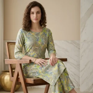Kharatis lime green paisley mal cotton straight suit set for women