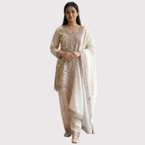 Ivory shimmer cut plazo suit with thread and beads embroidery for women